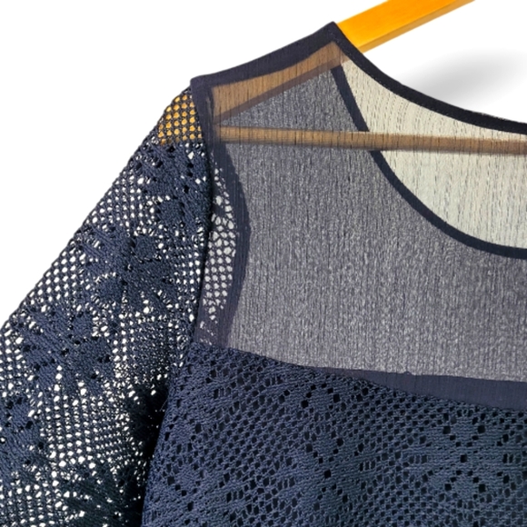 Gabby Skye Bell Sleeve Lace Navy Midi Lined Sheer Shift Dress, 12 - Picture 3 of 7